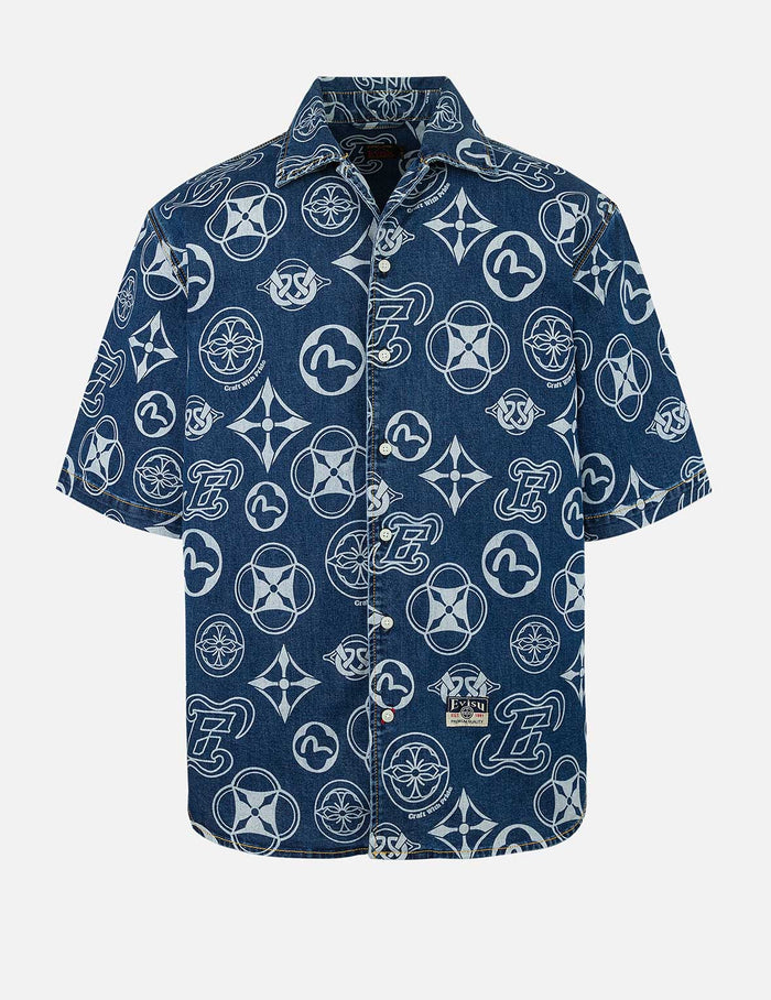 Allover Kamon Print Relax Fit Denim Short Sleeves Shirt