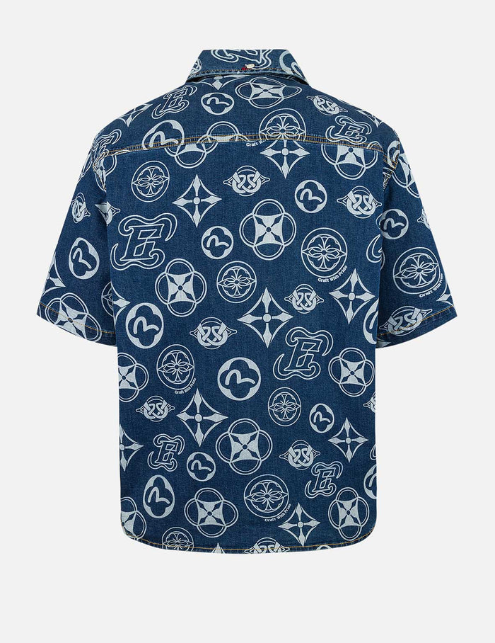 Allover Kamon Print Relax Fit Denim Short Sleeves Shirt