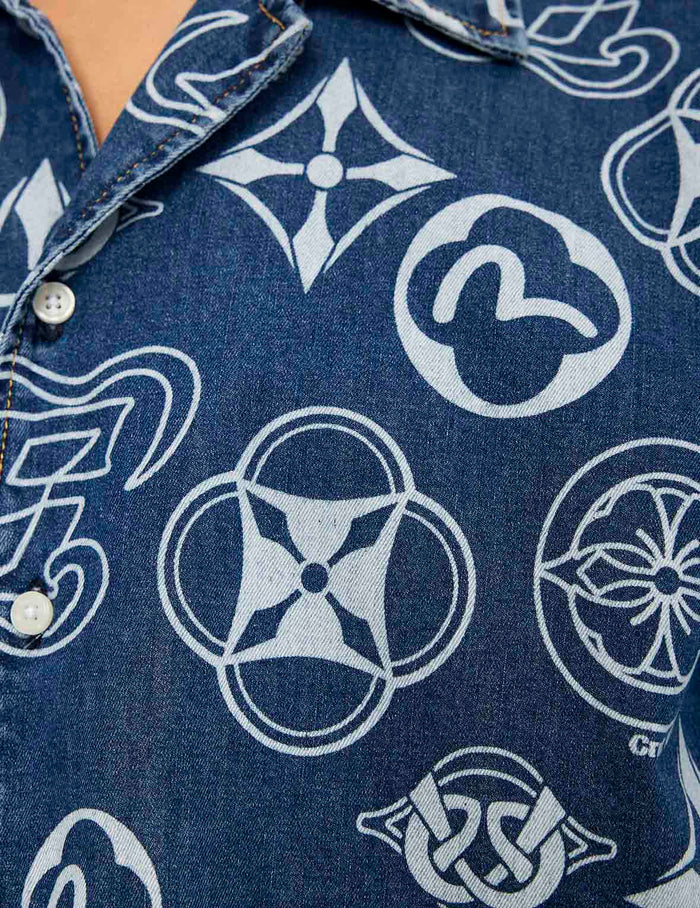 Allover Kamon Print Relax Fit Denim Short Sleeves Shirt