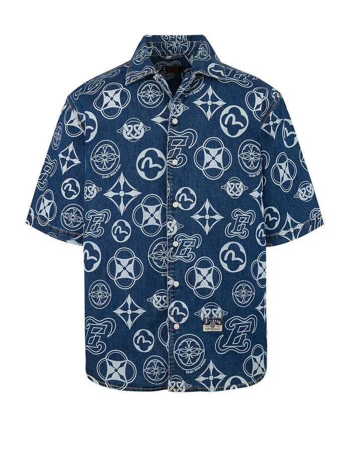 Allover Kamon Print Relax Fit Denim Short Sleeves Shirt