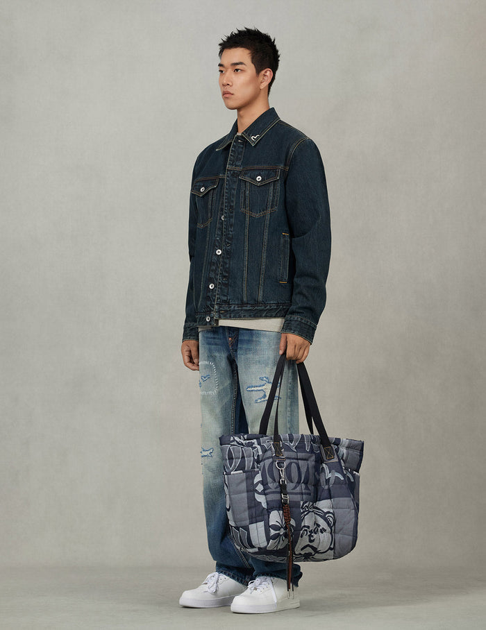 Allover Logo Jacquard Print Denim Tote Bag