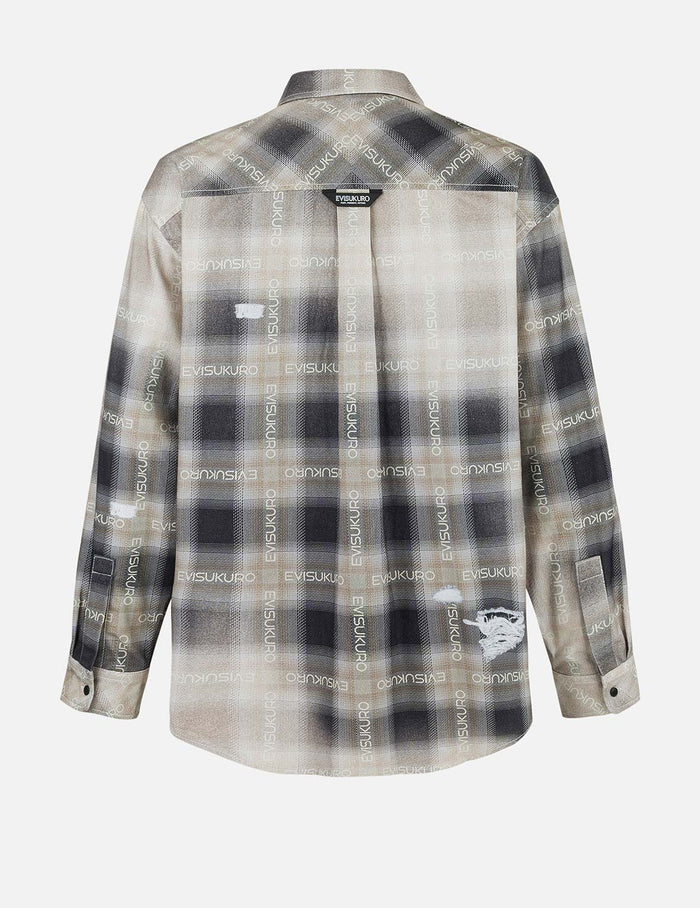 Allover Logo Print Distressed Oversized Check Shirt