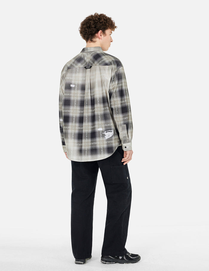 Allover Logo Print Distressed Oversized Check Shirt