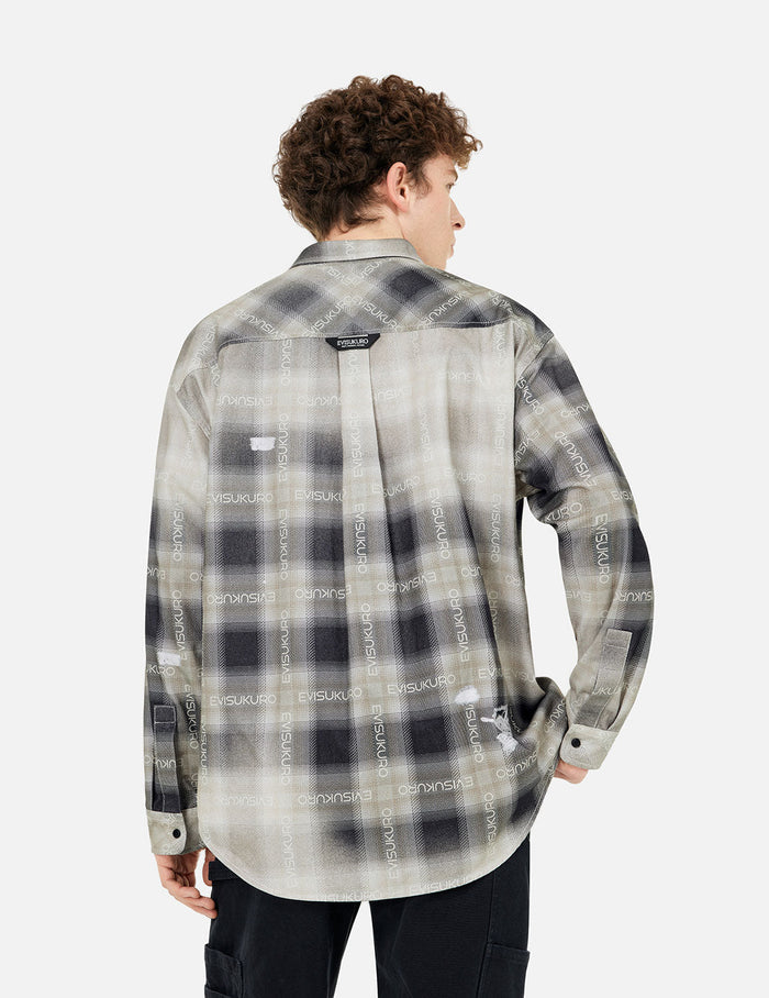Allover Logo Print Distressed Oversized Check Shirt
