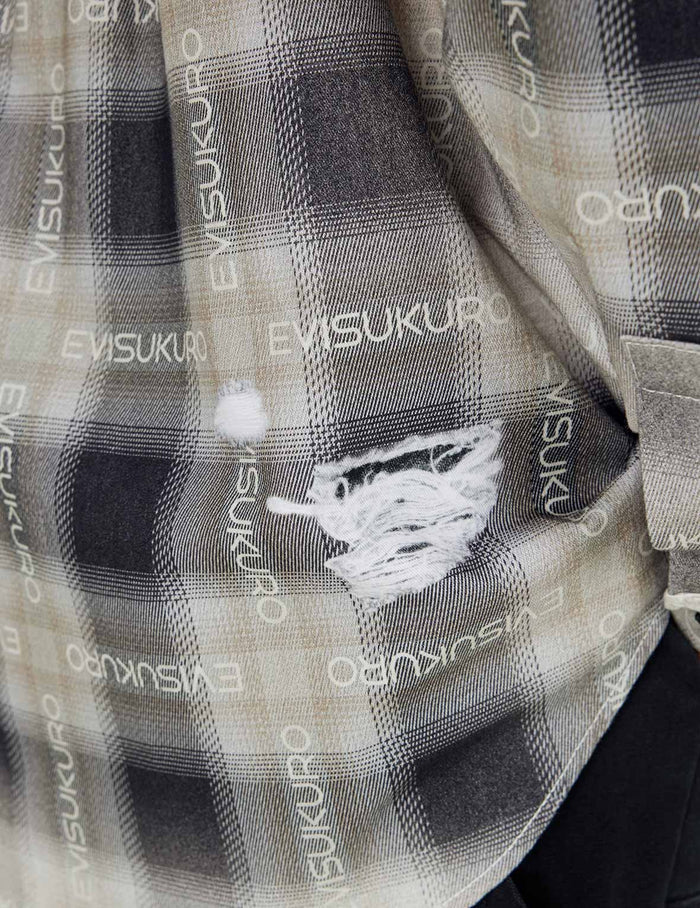 Allover Logo Print Distressed Oversized Check Shirt