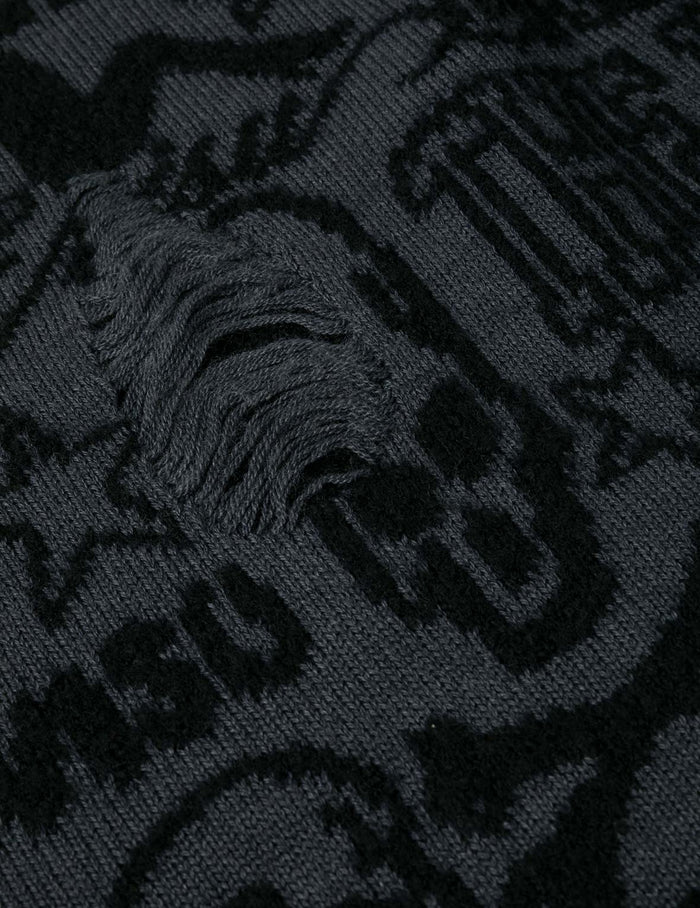 Allover Logos Jacquard Oversized Distressed Knit Sweater