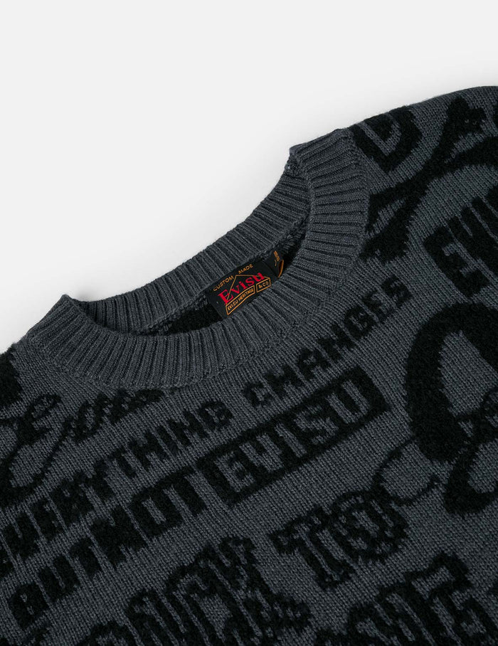 Allover Logos Jacquard Oversized Distressed Knit Sweater