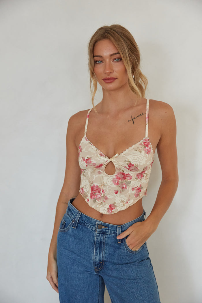 front view | floral lace corset top with keyhole cutout | coquette summer tops