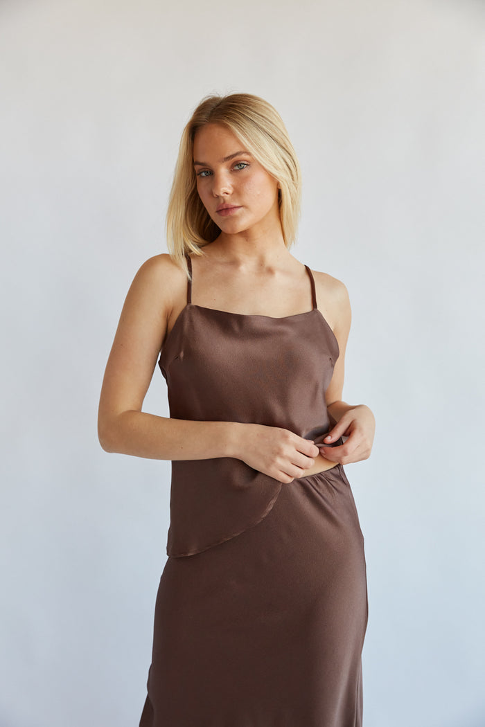 asymmetrical brown silky tank top - square neck spaghetti strap tank top