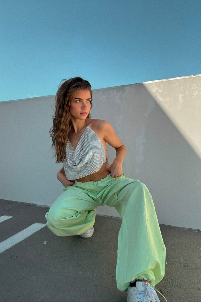 coachella outfit ideas - silver rhinestone cowl neck crop top