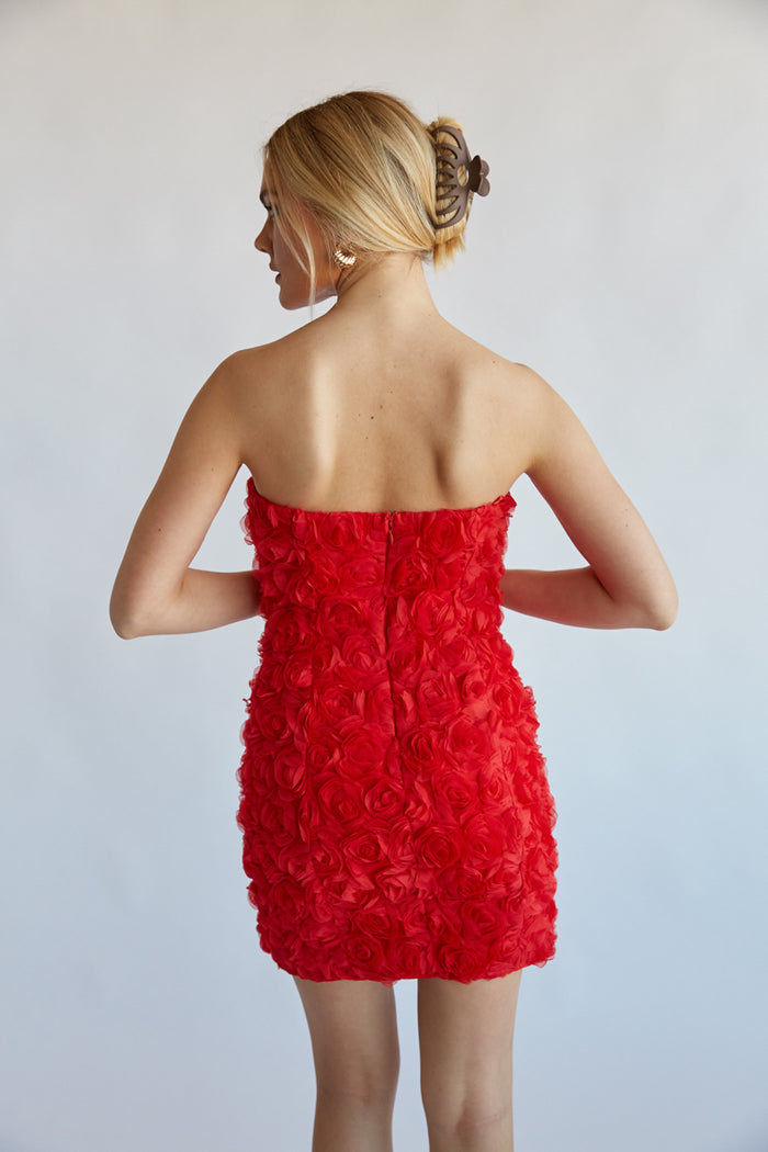 strapless red rose mini dress - floral applique ntoch neck dress - date night outfit inspo