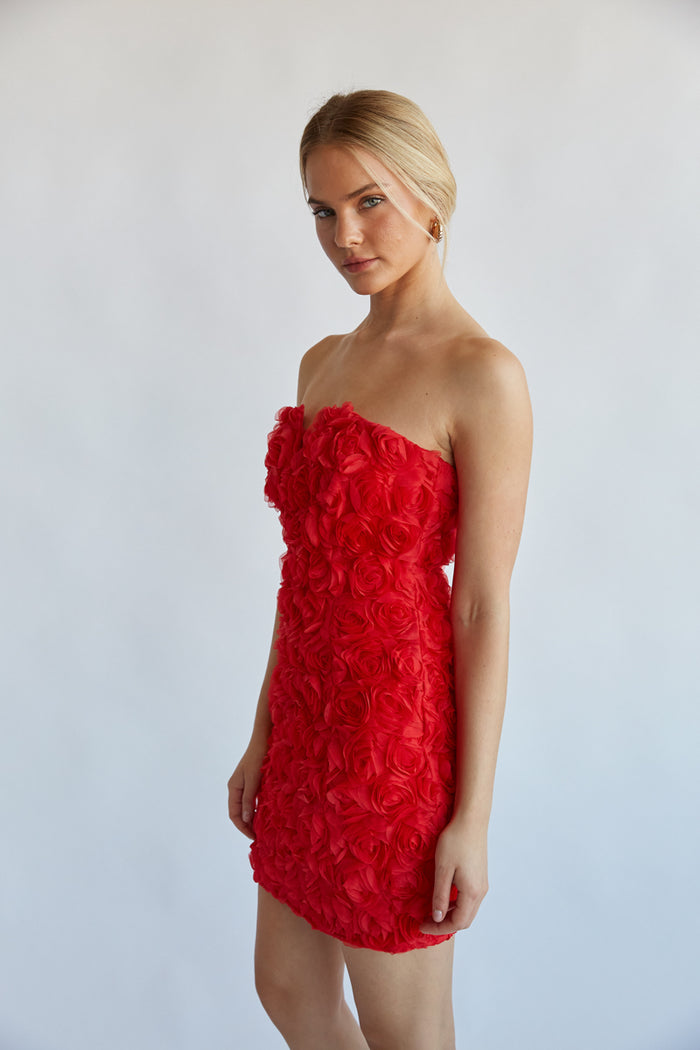 strapless red floral bodycon dress - red hoco dress 2023 - red rose applique holiday dress