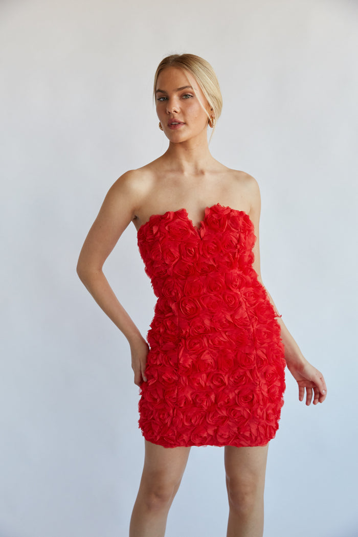 strapeless notch neck mini dress - rose applique bodycon dress - rose homecoming dress - semi-formal