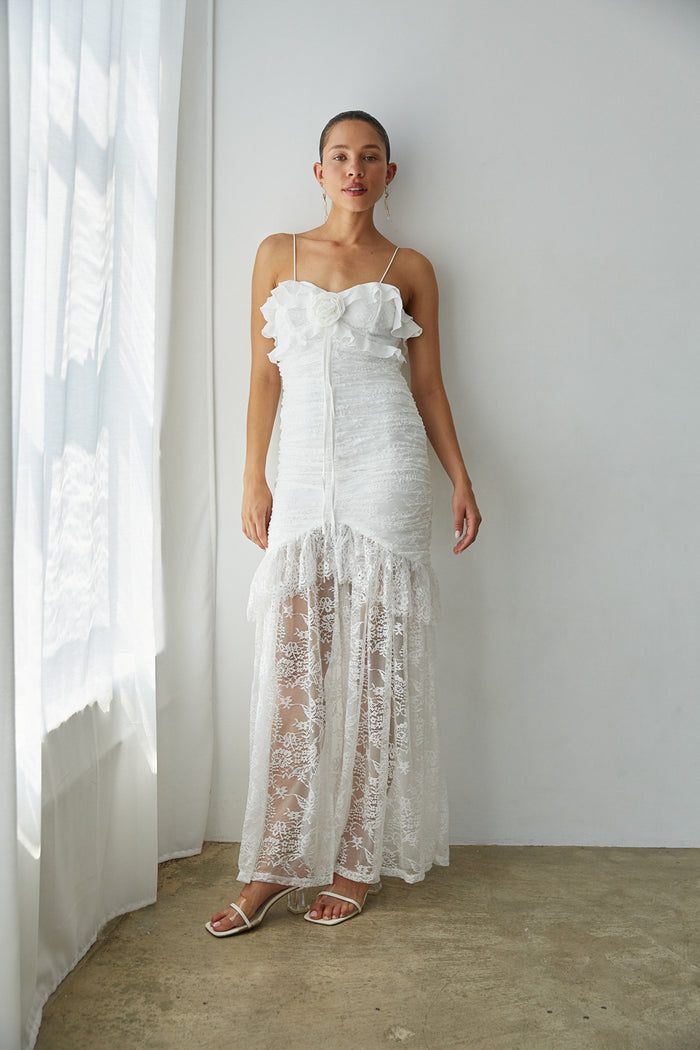 Front View | White lace ruched ruffle Maxi Dress | Bridal Dress
