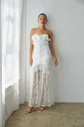 Front View | White lace ruched ruffle Maxi Dress | Bridal Dress