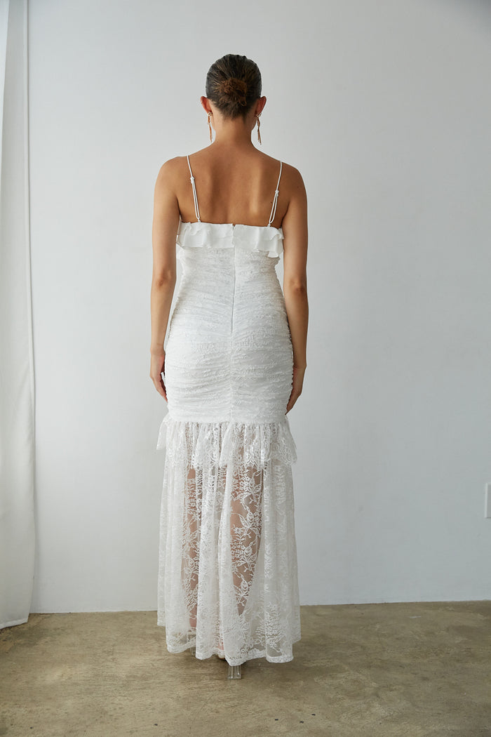 Back View | White lace ruched ruffle Maxi Dress | Bridal Dress