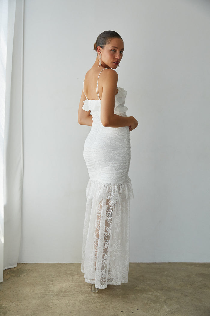 Side View | White lace ruched ruffle Maxi Dress | Bridal Dress