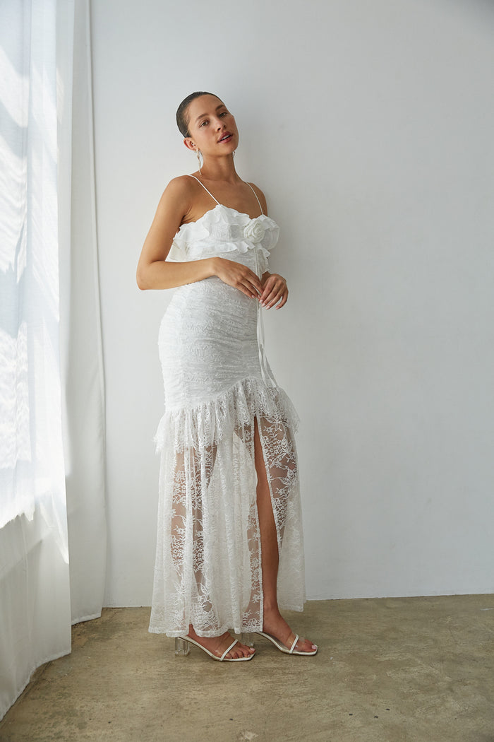 Front View | White lace ruched ruffle Maxi Dress | Bridal Dress