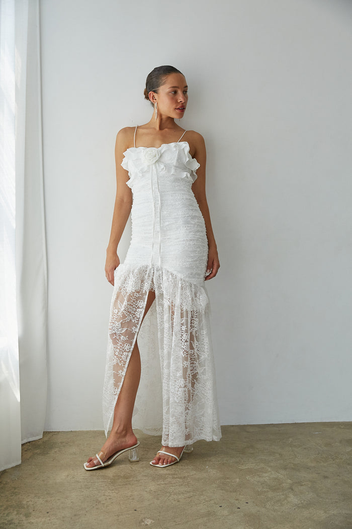 Front View | White lace ruched ruffle Maxi Dress | Bridal Dress