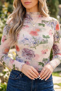 Apricot Floral Mesh Thumbhole Long Sleeve Slim Top – Beige