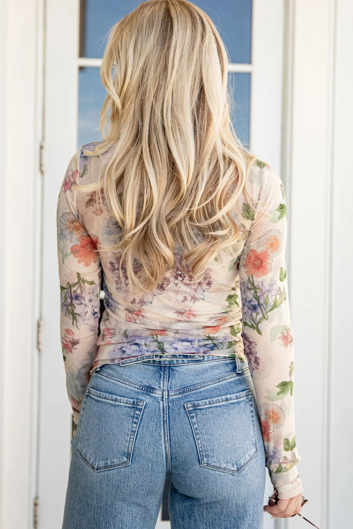 Apricot Floral Mesh Thumbhole Long Sleeve Slim Top – Beige
