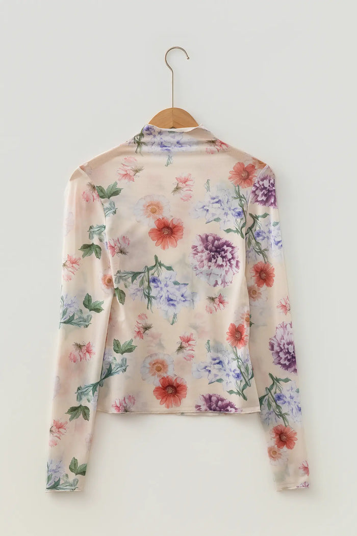Apricot Floral Mesh Thumbhole Long Sleeve Slim Top – Beige