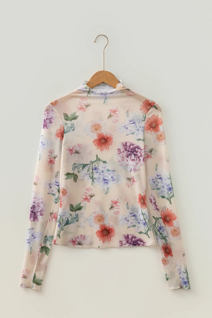 Apricot Floral Mesh Thumbhole Long Sleeve Slim Top – Beige