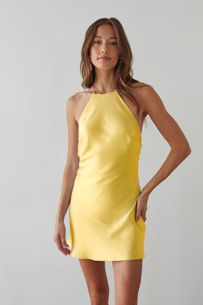 yellow-image | front-image | yellow satin slip dress | halter design | feminine style | sleek yellow satin dress with a flattering halter neckline