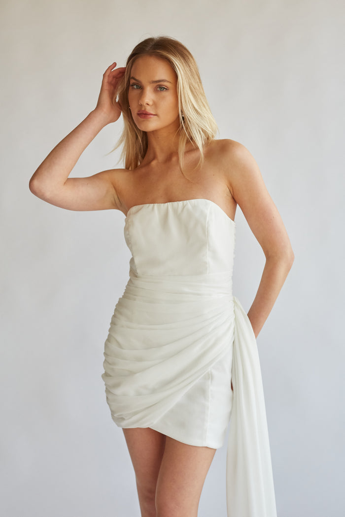 white -image | front view strapless white wrap mini dress for homecoming