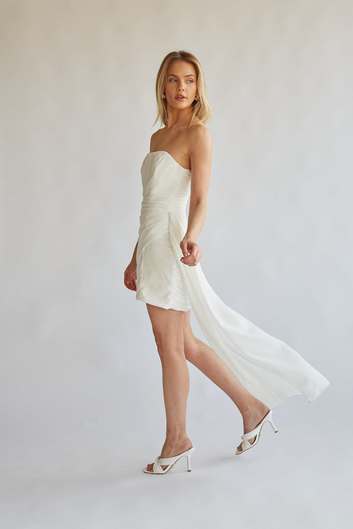 ivory homecoming mini dress with flyaway details