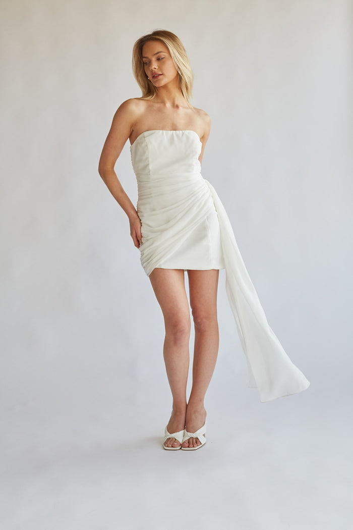 front view white strapless mini dress