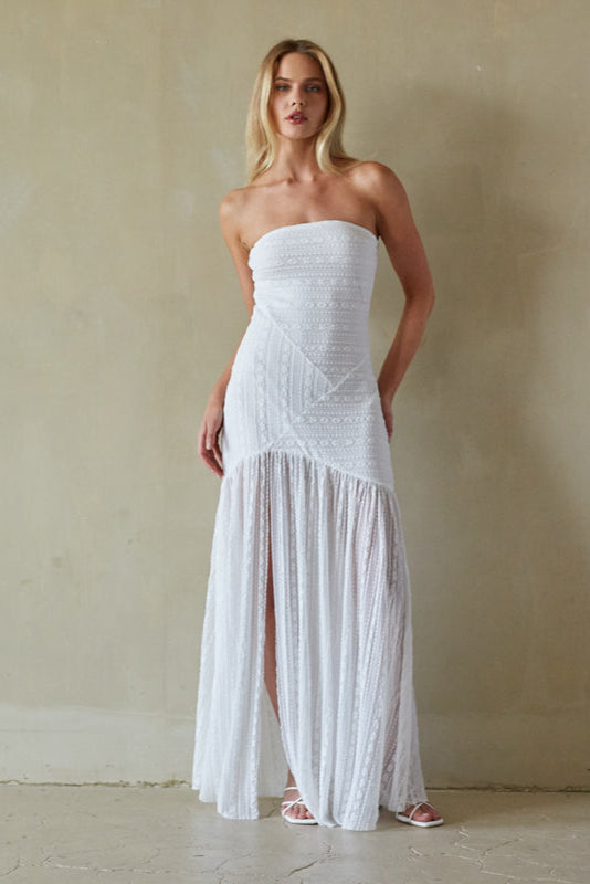 white-image | Front-image | White Strapless Dress | front view showcasing the fitted bodice and flowing skirt with delicate detailing and a side slit.