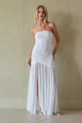white-image | Front-image | White Strapless Dress | front view showcasing the fitted bodice and flowing skirt with delicate detailing and a side slit.