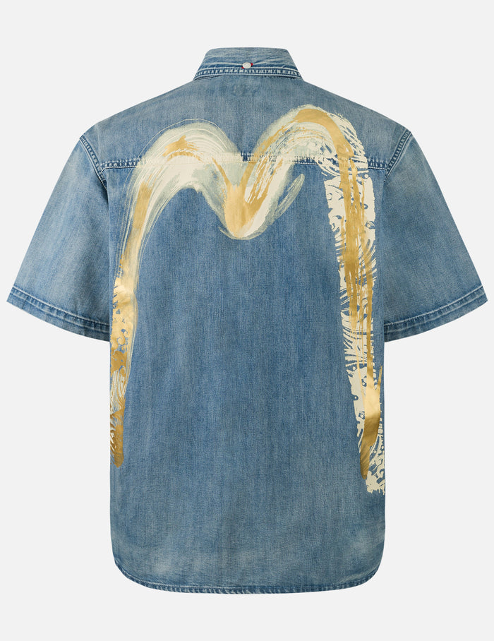 Artistic Brush Daicock Print Relax Fit Denim Short-Sleeves Shirt
