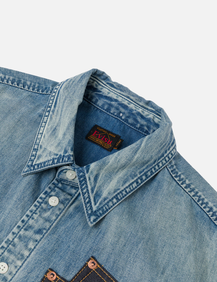 Artistic Brush Daicock Print Relax Fit Denim Short-Sleeves Shirt