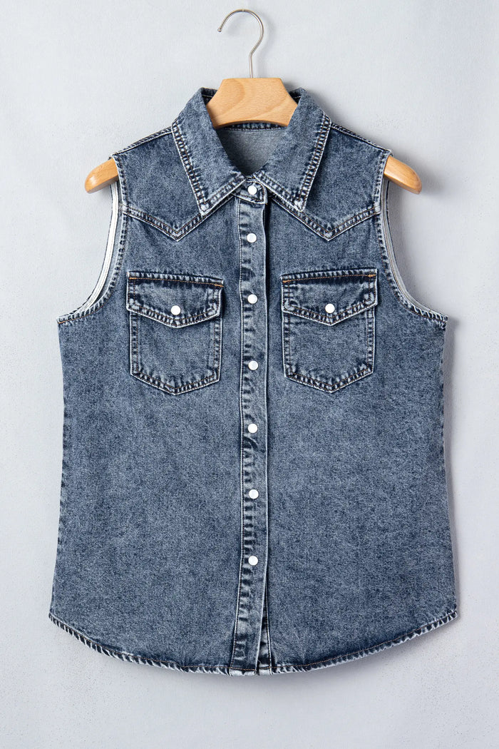 Ashleigh Blue Solid Denim Button Front Pocket Sleeveless Cowboy Vest – Dark Blue