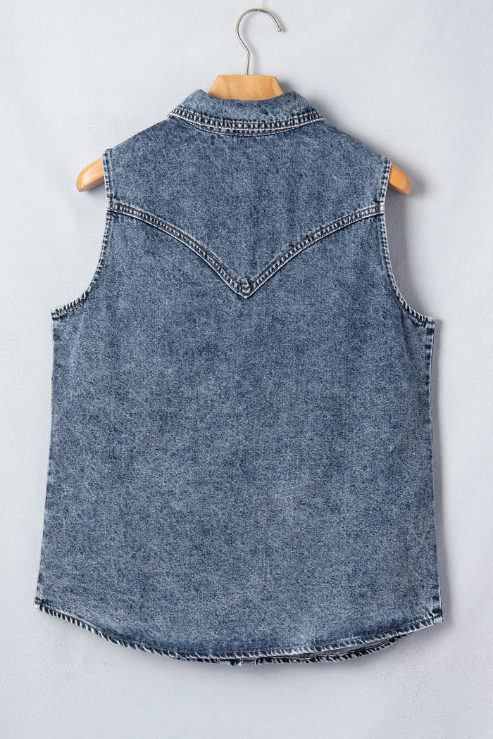 Ashleigh Blue Solid Denim Button Front Pocket Sleeveless Cowboy Vest – Dark Blue