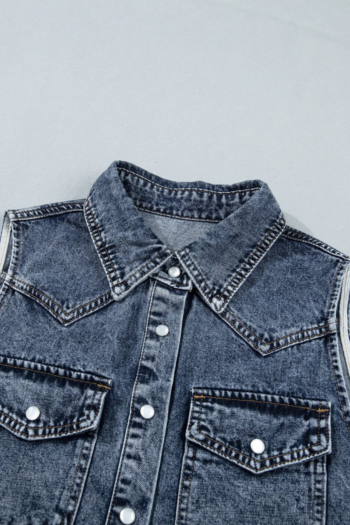 Ashleigh Blue Solid Denim Button Front Pocket Sleeveless Cowboy Vest – Dark Blue