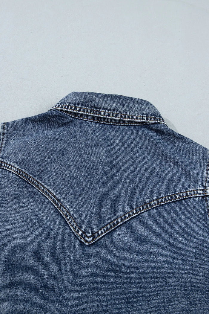 Ashleigh Blue Solid Denim Button Front Pocket Sleeveless Cowboy Vest – Dark Blue