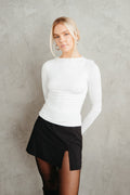 white long sleeve ruched top - staple pieces - crewneck long sleeve