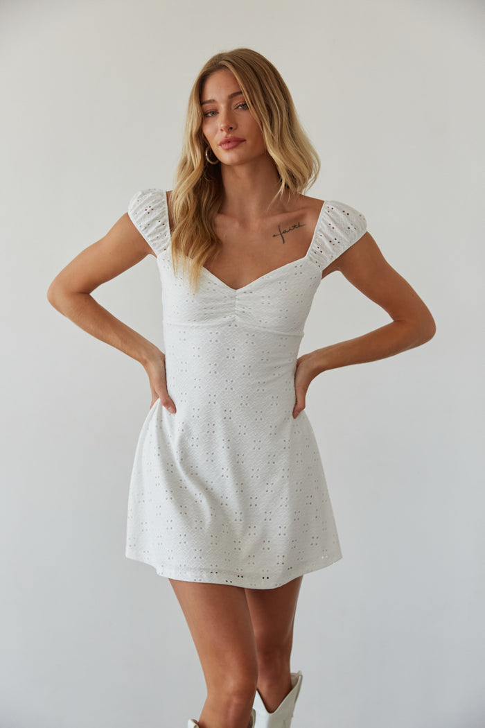 white-image | front view | white eyelet puff sleeve fit and flare mini dress | cottagecore white mini dress