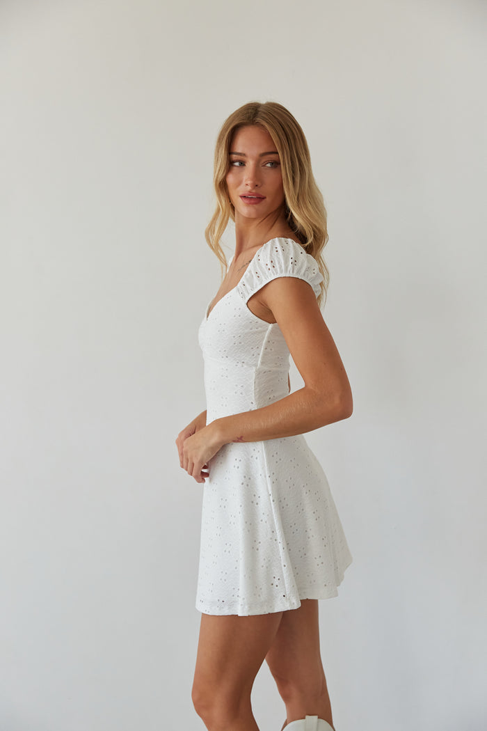 side view | white eyelet puff sleeve fit and flare mini dress | cottagecore white mini dress