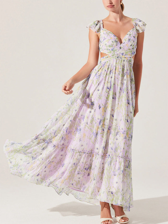 lavender-image | front-image | floral maxi dress | soft and elegant | the dress in a full front view, showcasing the delicate floral pattern and flowy skirt