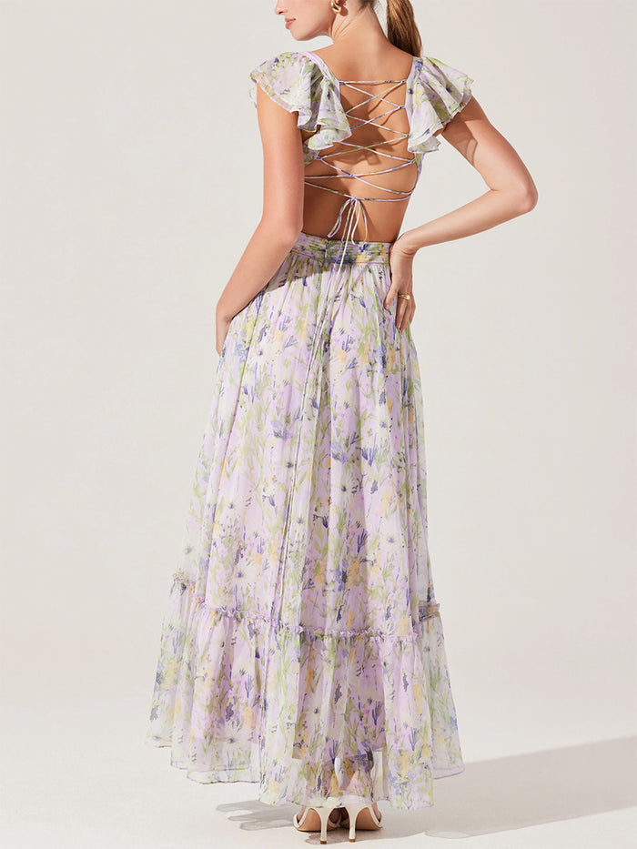 back-image | floral maxi dress | the dress from the back, highlighting the open-back design and soft ruffled sleeves