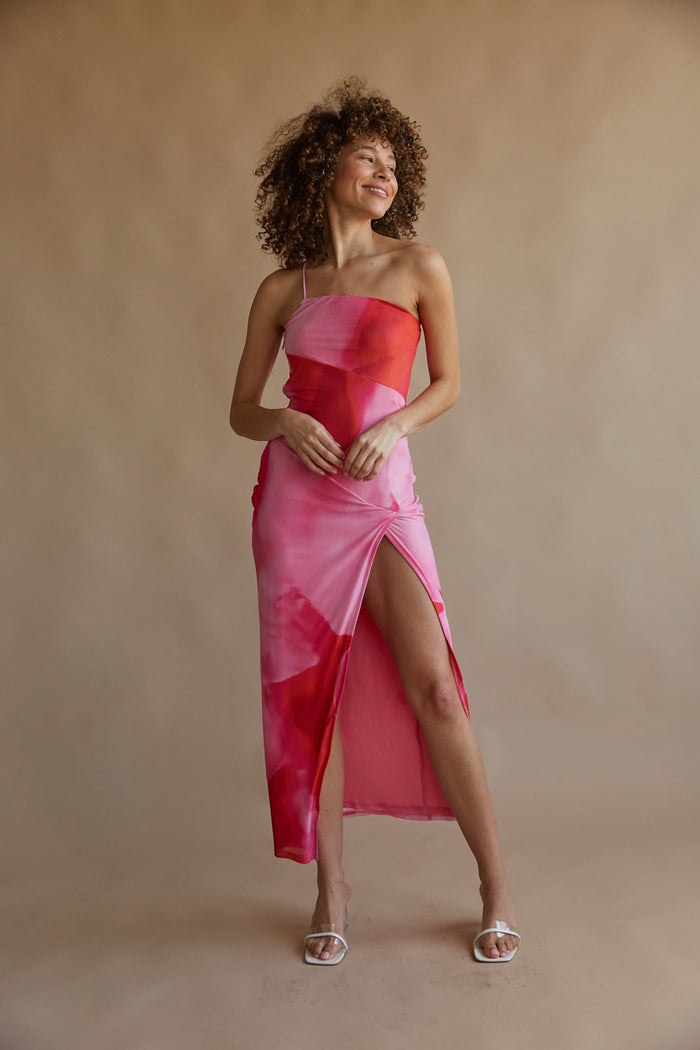 red and pink gradient one shoulder asymmetrical maxi dress | trendy prom dresses 2024