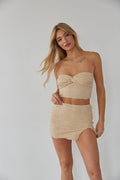 tan twist front tube top and mini skirt - sand crinkle cut matching set - beach day outfit