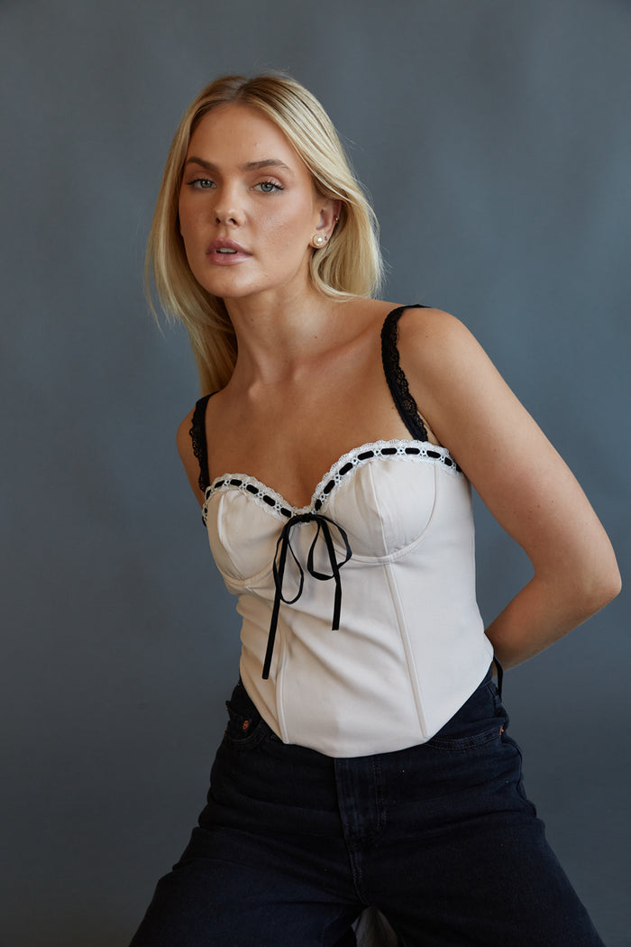 ecru contrast spaghetti strap crop top with velvet ribbon detail