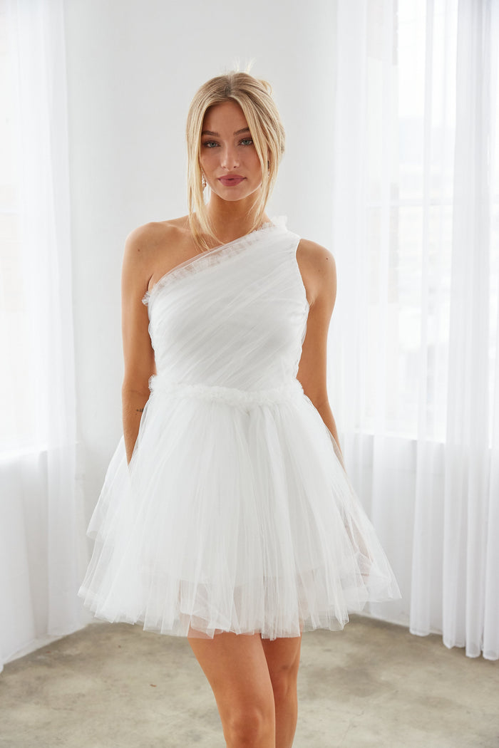 white tulle mini dress - little white dress - bachelorette party outfit - one shoulder tulle dress - bridal shower dress