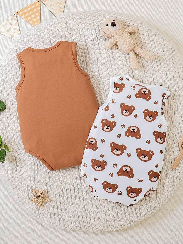 Baby 2-Pack Sleeveless Bodysuits – Solid Brown & Teddy Bear Print Cotton Onesie Set