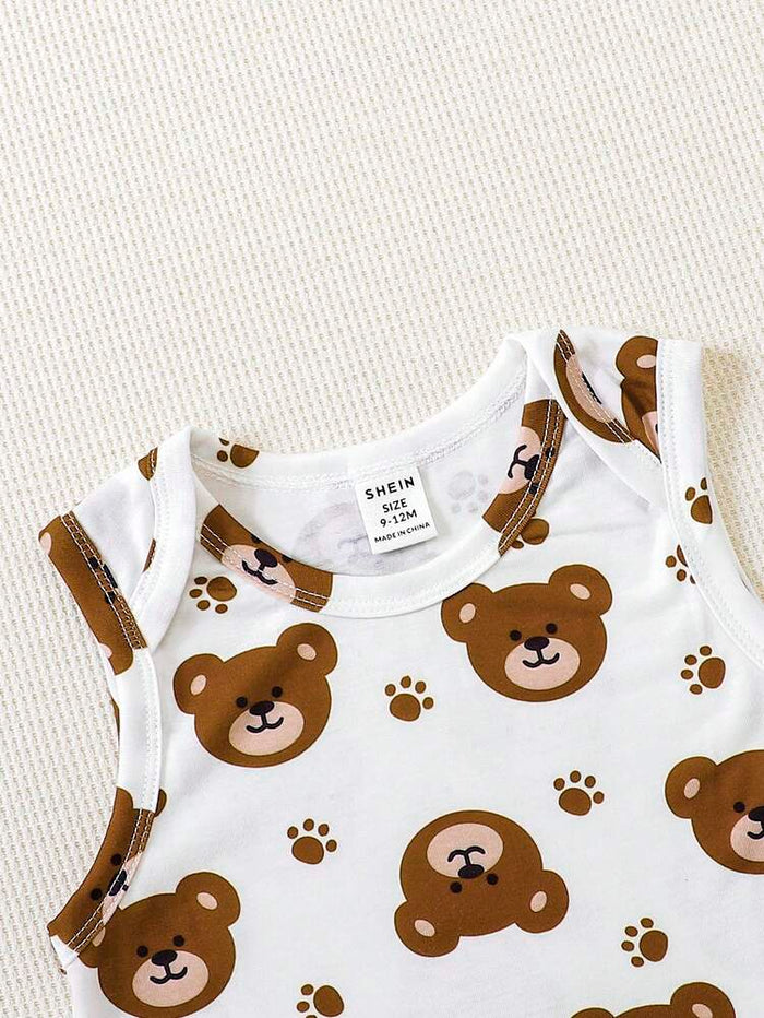 Baby 2-Pack Sleeveless Bodysuits – Solid Brown & Teddy Bear Print Cotton Onesie Set